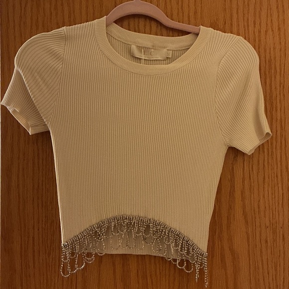 LC Tops - Cream Beaded Hem Ribbed Bejeweled Crop Top NWT